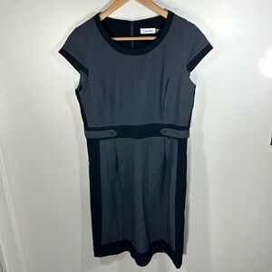 Calvin Klein Black and Gray Sheath Dress Cap Sleeve Crew Neck Midi